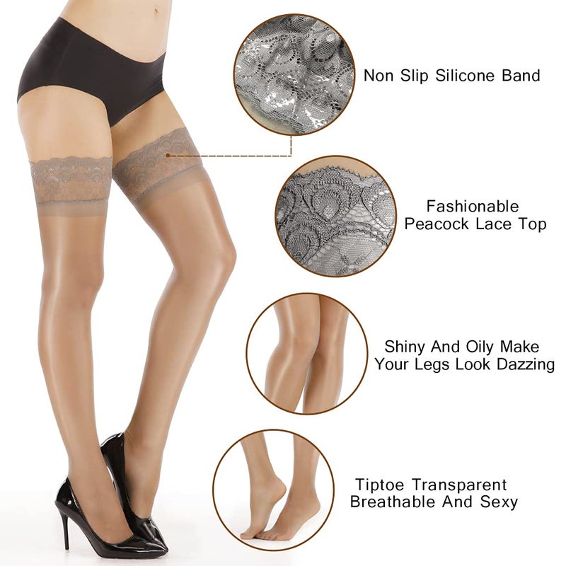ARRUSA Shimmery Tights for Women, Lace Top Pantyhose Sexy High-thigh Sheer Stockings Opaque - Image 2